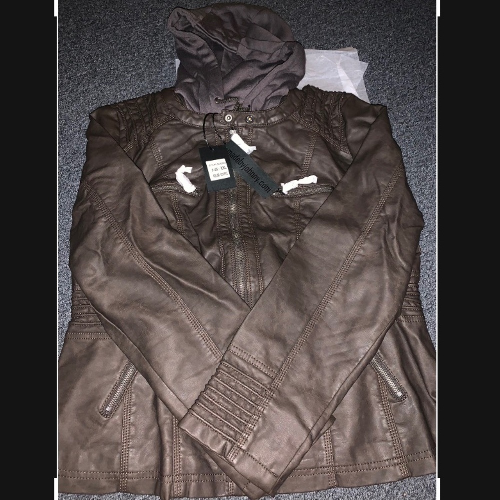 Faux Leather Hooded Moto Jacket